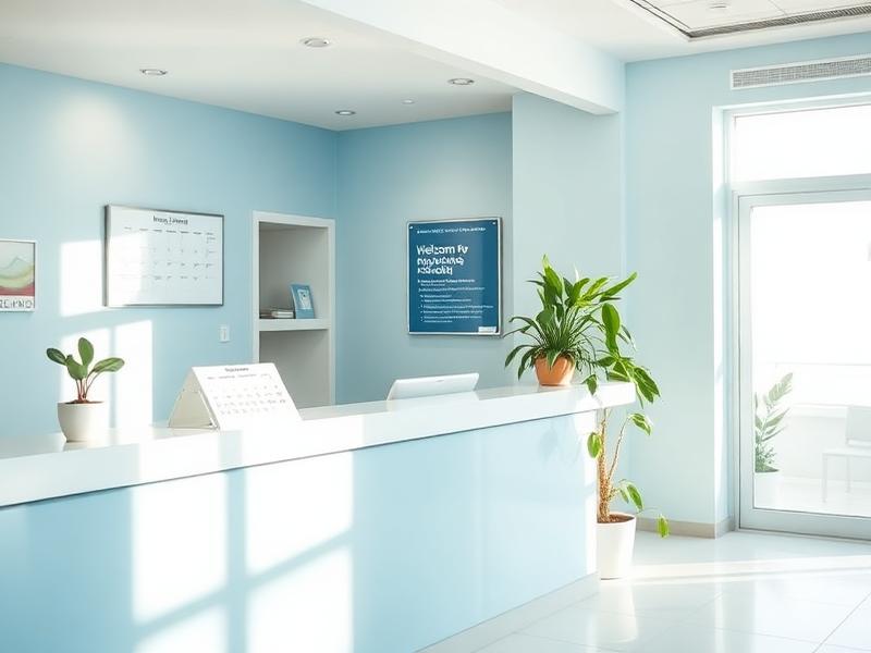 Recepção acolhedora de uma clínica de fisioterapia