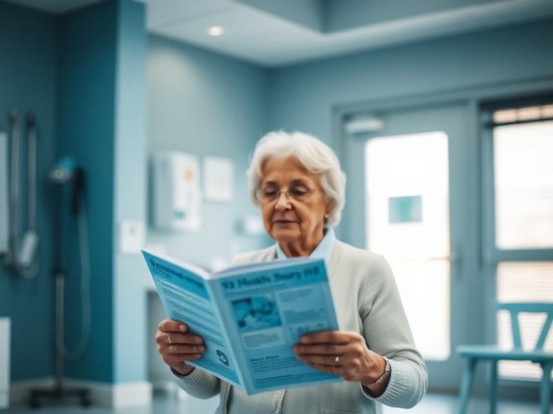 Paciente lendo material educativo em uma clínica de fisioterapia