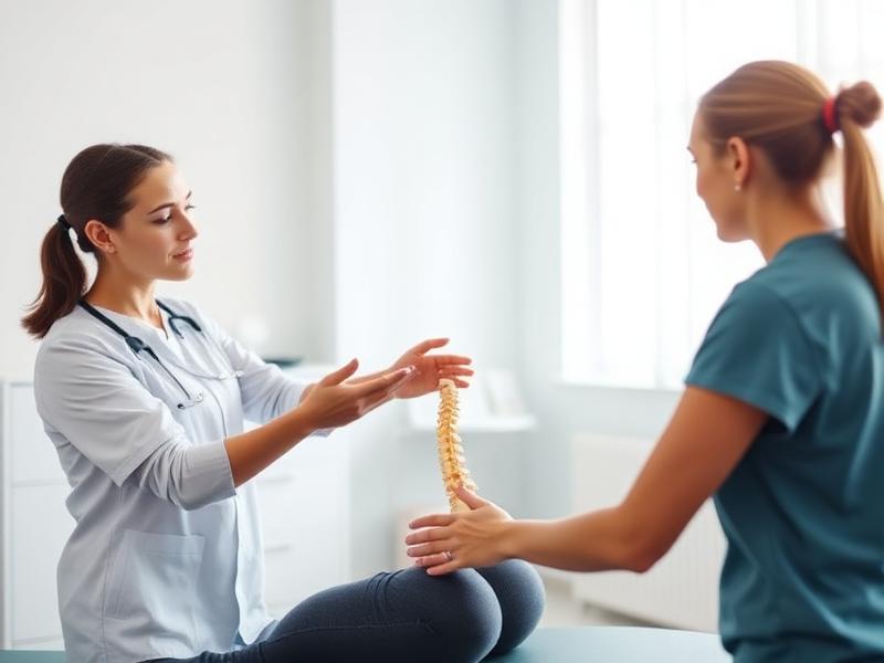 Fisioterapeuta avaliando a postura e a coluna de uma paciente